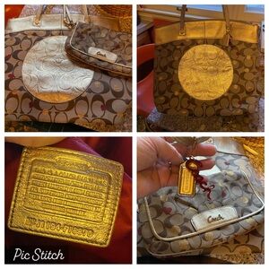 Coach Laura Secret Admirer Tote & Wristlet Women's Gold Metallic Leather Handbag